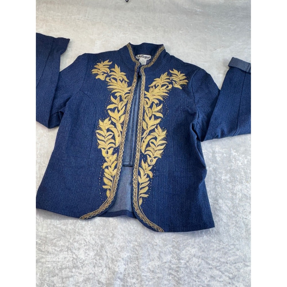 Blutique Women's Denim Jacket Embroidered Gold‎ Trimmed Collarless Blazer Size S